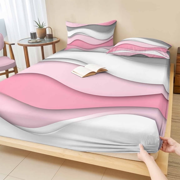 Cal.King Size Fitted Sheet Set - Pink Gray Ombre 3 Piece Bedding Sets 16" Deep Pocket Fitted Sheet with 2 Pillowcases, Geometric Modern Abstract Moire Art Brushed Microfiber Hotel Luxury Bed Sheets