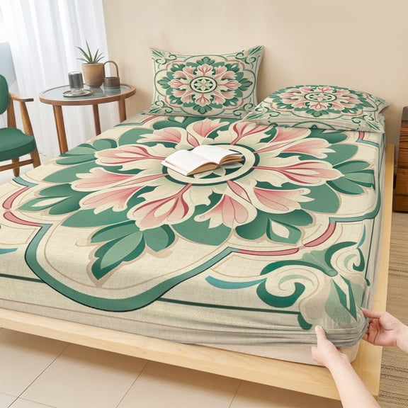 Cal.King Size Fitted Sheet Set - Pink Green Flower 3 Piece Bedding Sets 16" Deep Pocket Fitted Sheet with 2 Pillowcases, Elegant Spring Floral Abstract Art Brushed Microfiber Hotel Luxury Bed Sheets