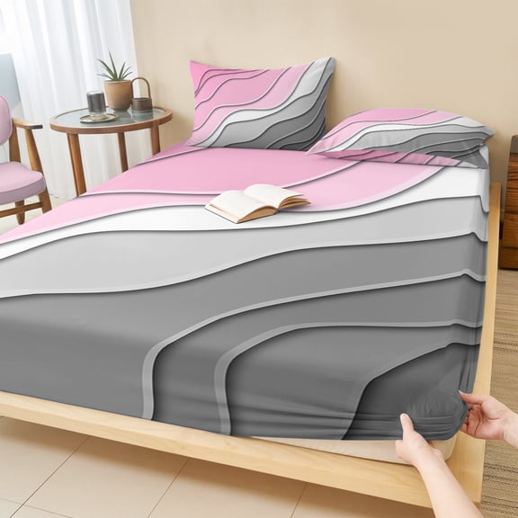 Cal.King Size Fitted Sheet Set - Pink Grey Ombre 3 Piece Bedding Sets 16" Deep Pocket Fitted Sheet with 2 Pillowcases, Modern Geometric Abstract Aesthetics Cream Brushed Microfiber Hotel Bed Sheets