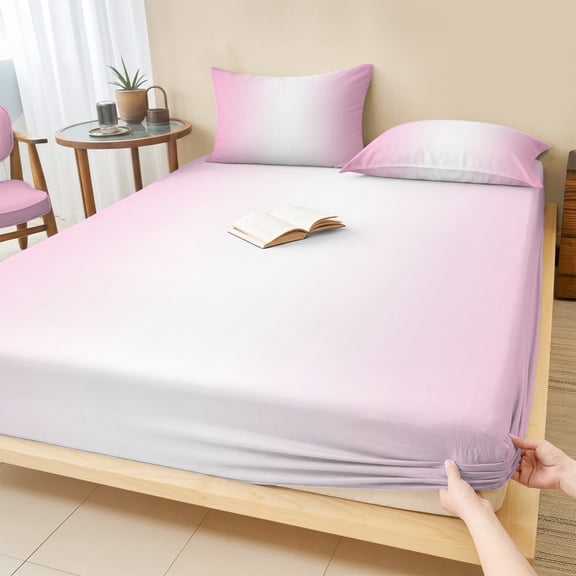 Cal.King Size Fitted Sheet Set - Pink Ombre 3 Piece Bedding Sets 16" Deep Pocket Fitted Sheet with 2 Pillowcases, Pink White Gradient Modern Abstract Art Brushed Microfiber Hotel Luxury Bed Sheets