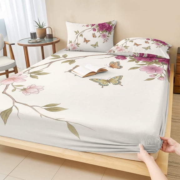 Cal.King Size Fitted Sheet Set - Pink Spring Floral 3 Piece Bedding Sets 16" Deep Pocket Fitted Sheet with 2 Pillowcases, Country Flower Butterfly Vintage Brushed Microfiber Hotel Luxury Bed Sheets