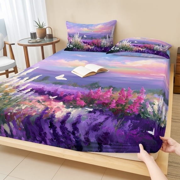 Cal.King Size Fitted Sheet Set - Purple Lavender 3 Piece Bedding Sets 16" Deep Pocket Fitted Sheet with 2 Pillowcases, Spring Country Oil Painting Butterfly Flower Brushed Microfiber Hotel Bed Sheets