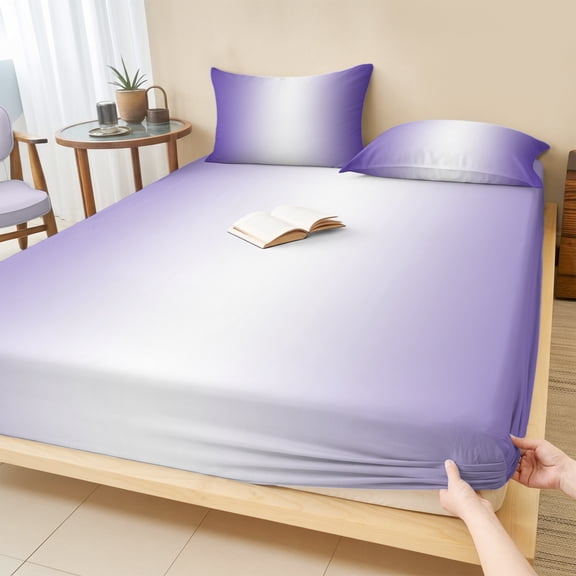 Cal.King Size Fitted Sheet Set - Purple Ombre 3 Piece Bedding Sets 16" Deep Pocket Fitted Sheet with 2 Pillowcases, Purple White Gradient Modern Abstract Art Brushed Microfiber Hotel Bed Sheets