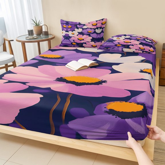 Cal.King Size Fitted Sheet Set - Purple Spring Floral 3 Piece Bedding Sets 16" Deep Pocket Fitted Sheet with 2 Pillowcases, Flowers Summer Botanical Abstract Art Brushed Microfiber Hotel Bed Sheets