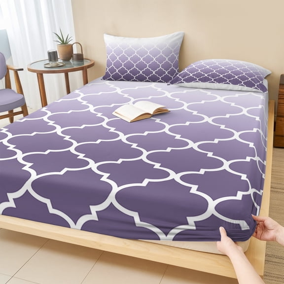 Cal.King Size Fitted Sheet Set - Purple White Ombre Morocco Pattern 3 Piece Bedding Sets 16" Deep Pocket Fitted Sheet with 2 Pillowcases, Modern Moroccan Geometric Brushed Microfiber Hotel Bed Sheets