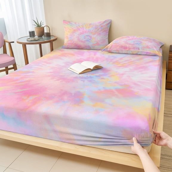 Cal.King Size Fitted Sheet Set - Rainbow Color 3 Piece Bedding Sets 16" Deep Pocket Fitted Sheet with 2 Pillowcases, Fantasy Colorful Ombre Swirl Brushed Microfiber Hotel Luxury Bed Sheets