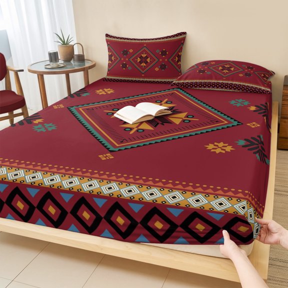Cal.King Size Fitted Sheet Set - Red 3 Piece Bedding Sets 16" Deep Pocket Fitted Sheet with 2 Pillowcases, Boho Vintage Ethnic Tribe Abstract Art Retro Brushed Microfiber Hotel Luxury Bed Sheets