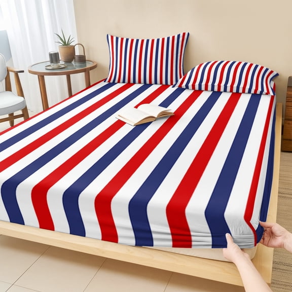Cal.King Size Fitted Sheet Set - Red Blue White Striped 3 Piece Bedding Sets 16" Deep Pocket Fitted Sheet with 2 Pillowcases, Modern Simple Stripes Brushed Microfiber Hotel Luxury Bed Sheets