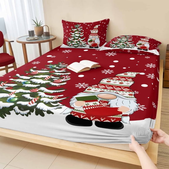 Cal.King Size Fitted Sheet Set - Red Christmas Gnomes 3 Piece Bedding Sets 16" Deep Pocket Fitted Sheet with 2 Pillowcases, Winter Xmas Snowflakes Holiday Brushed Microfiber Hotel Luxury Bed Sheets