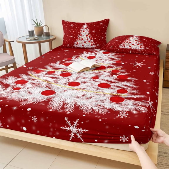 Cal.King Size Fitted Sheet Set - Red Christmas Tree 3 Piece Bedding Sets 16" Deep Pocket Fitted Sheet with 2 Pillowcases, Winter Balls Snowflake Xmas Tree Brushed Microfiber Hotel Luxury Bed Sheets