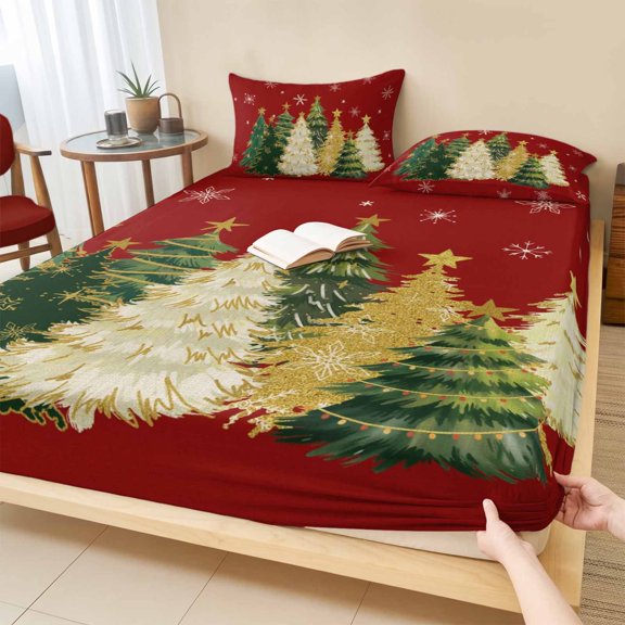 Cal.King Size Fitted Sheet Set - Red Christmas Tree 3 Piece Bedding Sets 16" Deep Pocket Fitted Sheet with 2 Pillowcases, Xmas Tree Winter Snowflake Brushed Microfiber Hotel Luxury Bed Sheets