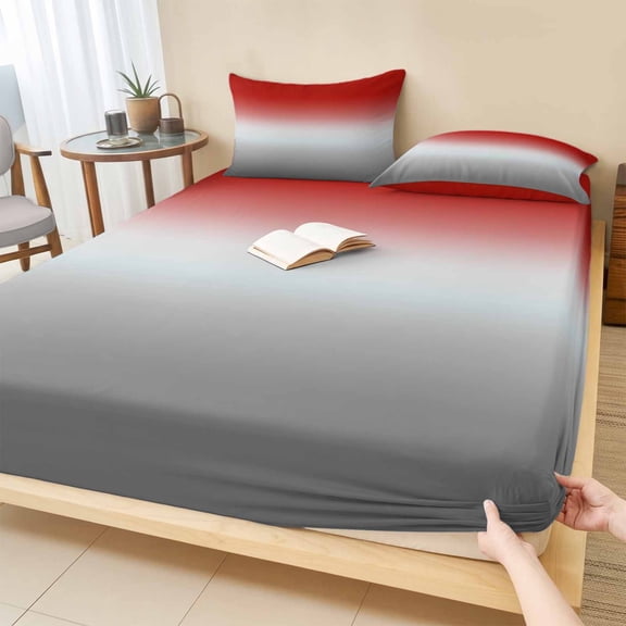 Cal.King Size Fitted Sheet Set - Red Gray Ombre 3 Piece Bedding Sets 16" Deep Pocket Fitted Sheet with 2 Pillowcases, Modern Gradient Abstract Art Brushed Microfiber Hotel Luxury Bed Sheets