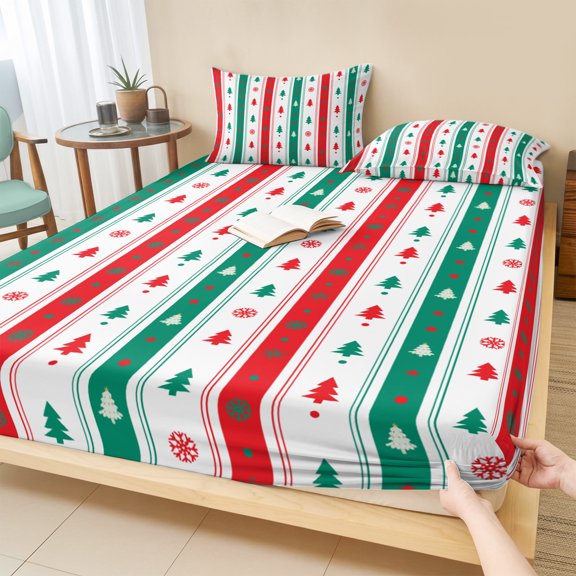 Cal.King Size Fitted Sheet Set - Red Green Striped Christmas 3 Piece Bedding Sets 16" Deep Pocket Fitted Sheet with 2 Pillowcases, Xmas Tree Snowflake Brushed Microfiber Hotel Luxury Bed Sheets