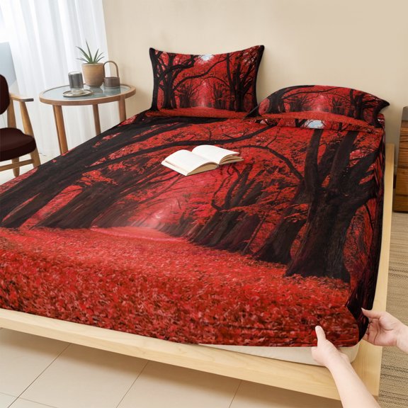 Cal.King Size Fitted Sheet Set - Red Maple Trees Fall 3 Piece Bedding Sets 16" Deep Pocket Fitted Sheet with 2 Pillowcases, Romantic Forest Path Brushed Microfiber Hotel Luxury Bed Sheets