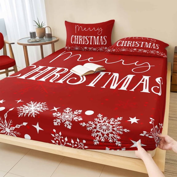 Cal.King Size Fitted Sheet Set - Red Merry Christmas 3 Piece Bedding Sets 16" Deep Pocket Fitted Sheet with 2 Pillowcases, Xmas Winter Snowflake Red White Brushed Microfiber Hotel Luxury Bed Sheets