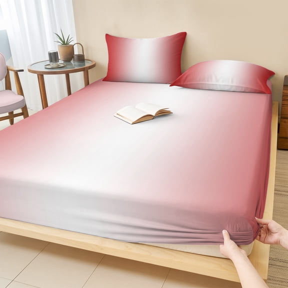 Cal.King Size Fitted Sheet Set - Red Ombre 3 Piece Bedding Sets 16" Deep Pocket Fitted Sheet with 2 Pillowcases, Red White Gradient Modern Abstract Art Brushed Microfiber Hotel Luxury Bed Sheets