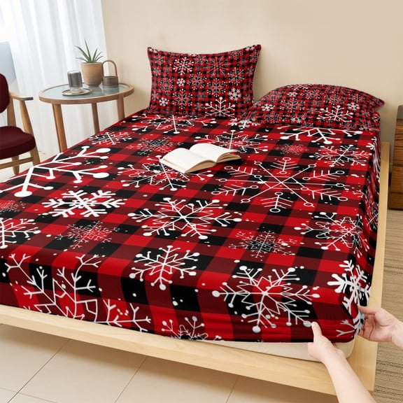 Cal.King Size Fitted Sheet Set - Red Plaid Snowflake Christmas 3 Piece Bedding Sets 16" Deep Pocket Fitted Sheet with 2 Pillowcases, Xmas Snowflake Brushed Microfiber Hotel Luxury Bed Sheets