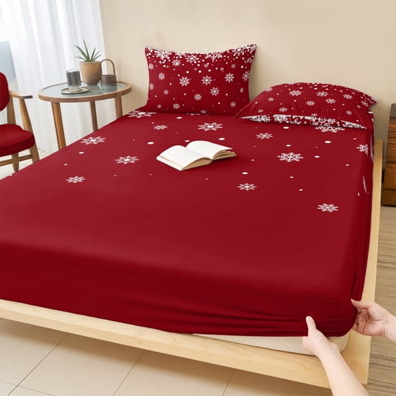 Cal.King Size Fitted Sheet Set - Red Snowflake Christmas 3 Piece Bedding Sets 16" Deep Pocket Fitted Sheet with 2 Pillowcases, White Snowflake Winter Brushed Microfiber Hotel Luxury Bed Sheets