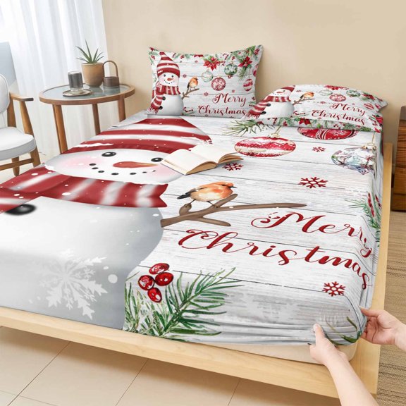 Cal.King Size Fitted Sheet Set - Red Snowman Christmas 3 Piece Bedding Sets 16" Deep Pocket Fitted Sheet with 2 Pillowcases, Xmas Botanical Balls Snowflake Vintage Brushed Microfiber Hotel Bed Sheets