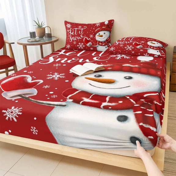 Cal.King Size Fitted Sheet Set - Red Snowman Christmas 3 Piece Bedding Sets 16" Deep Pocket Fitted Sheet with 2 Pillowcases, Xmas Winter Snowflake Let Snow Brushed Microfiber Hotel Luxury Bed Sheets