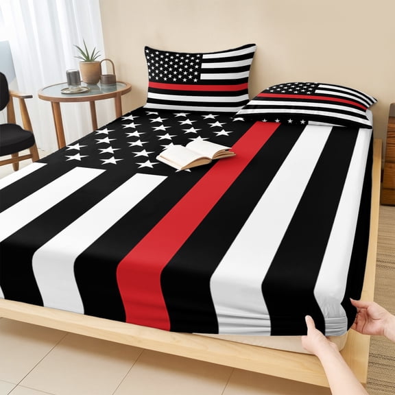 Cal.King Size Fitted Sheet Set - Red White Stripe Fireman American Flag 3 Piece Bedding Sets 16" Deep Pocket Fitted Sheet with 2 Pillowcases, Fire Fighter USA Flags Brushed Microfiber Bed Sheets