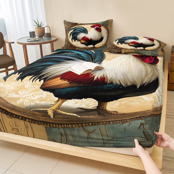 Cal.King Size Fitted Sheet Set - Rooster 3 Piece Bedding Sets 16" Deep Pocket Fitted Sheet with 2 Pillowcases, Vintage Rustic Farmhouse Style Oil Painting Brushed Microfiber Hotel Luxury Bed Sheets