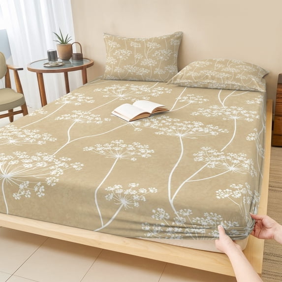 Cal.King Size Fitted Sheet Set - Rustic Botanical 3 Piece Bedding Sets 16" Deep Pocket Fitted Sheet with 2 Pillowcases, Retro Farmhouse Floral Flowers Light Brown Brushed Microfiber Hotel Bed Sheets