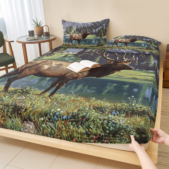 Cal.King Size Fitted Sheet Set - Rustic Deer 3 Piece Bedding Sets 16" Deep Pocket Fitted Sheet with 2 Pillowcases, Mountain Lake Country Forest Natural Scenery Microfiber Hotel Luxury Bed Sheets