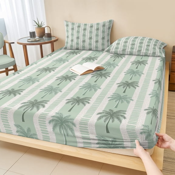 Cal.King Size Fitted Sheet Set - Sage Green Palm Trees 3 Piece Bedding Sets 16" Deep Pocket Fitted Sheet with 2 Pillowcases, Summer Tropical Botanical Rustic Brushed Microfiber Hotel Bed Sheets