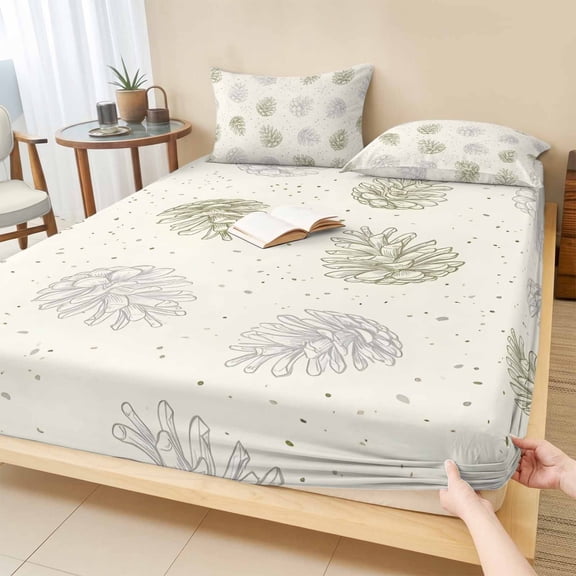 Cal.King Size Fitted Sheet Set - Sage Green Pine Cones 3 Piece Bedding Sets 16" Deep Pocket Fitted Sheet with 2 Pillowcases, Farmhouse Modern Art Brushed Microfiber Hotel Luxury Bed Sheets