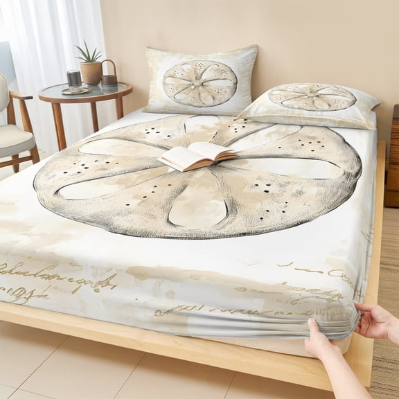 Cal.King Size Fitted Sheet Set - Sand Dollar Coastal 3 Piece Bedding Sets 16" Deep Pocket Fitted Sheet with 2 Pillowcases, Summer Beach Beige Ocean Brushed Microfiber Hotel Luxury Bed Sheets
