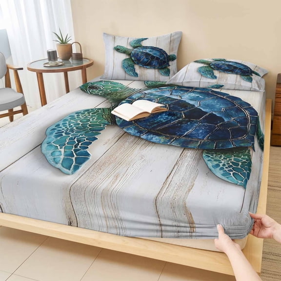 Cal.King Size Fitted Sheet Set - Sea Turtle 3 Piece Bedding Sets 16" Deep Pocket Fitted Sheet with 2 Pillowcases, Coastal Summer Beach Vintage Wooden Brushed Microfiber Hotel Luxury Bed Sheets