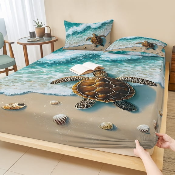 Cal.King Size Fitted Sheet Set - Sea Turtle Seaside 3 Piece Bedding Sets 16" Deep Pocket Fitted Sheet with 2 Pillowcases, Waves Summer Beach Ocean Coastal Brushed Microfiber Hotel Luxury Bed Sheets