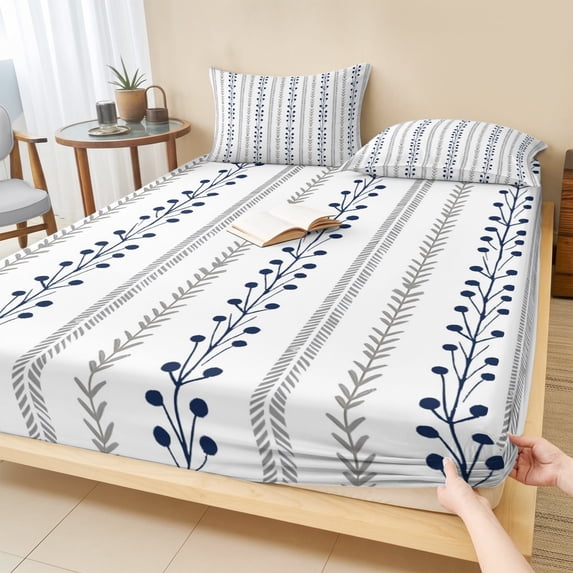 Cal.King Size Fitted Sheet Set - Simple Striped 3 Piece Bedding Sets 16" Deep Pocket Fitted Sheet with 2 Pillowcases, Modern Minimalist Lines Pattern Brushed Microfiber Hotel Luxury Bed Sheets