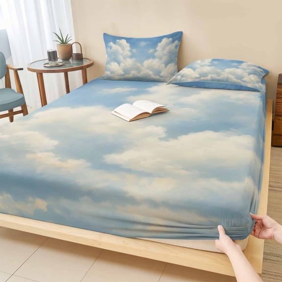 Cal.King Size Fitted Sheet Set - Sky White Clouds 3 Piece Bedding Sets 16" Deep Pocket Fitted Sheet with 2 Pillowcases, Modern Simple Nature Landscape Blue Brushed Microfiber Hotel Luxury Bed Sheets