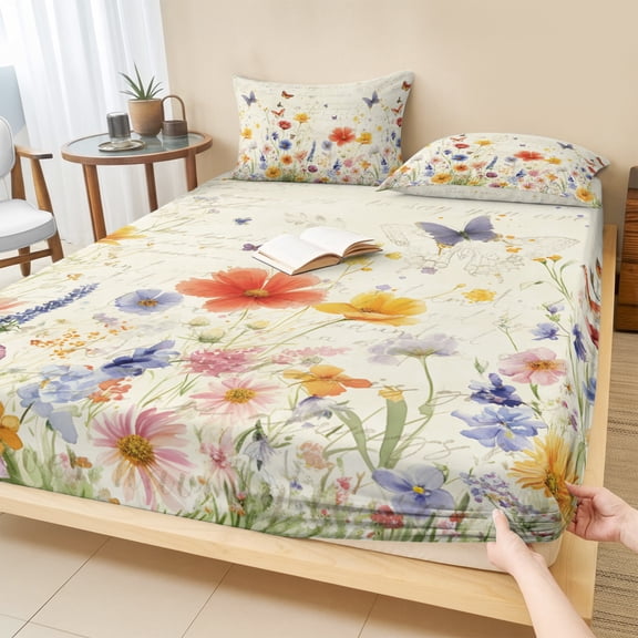 Cal.King Size Fitted Sheet Set - Spring Floral 3 Piece Bedding Sets 16" Deep Pocket Fitted Sheet with 2 Pillowcases, Butterfly Summer Botanical Vintage Brushed Microfiber Hotel Luxury Bed Sheets