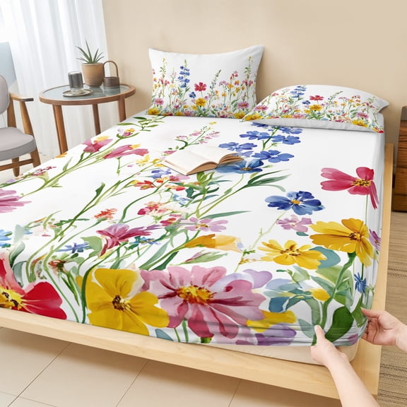 Cal.King Size Fitted Sheet Set - Spring Floral 3 Piece Bedding Sets 16" Deep Pocket Fitted Sheet with 2 Pillowcases, Colorful Summer Watercolor Botanical Brushed Microfiber Hotel Luxury Bed Sheets
