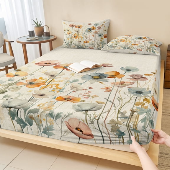 Cal.King Size Fitted Sheet Set - Spring Floral 3 Piece Bedding Sets 16" Deep Pocket Fitted Sheet with 2 Pillowcases, Elegant Flowers Summer Botanical Rustic Brushed Microfiber Hotel Luxury Bed Sheets
