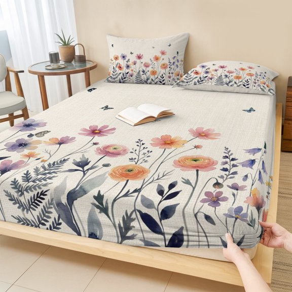 Cal.King Size Fitted Sheet Set - Spring Floral 3 Piece Bedding Sets 16" Deep Pocket Fitted Sheet with 2 Pillowcases, Elegant Pastoral Flowers Watercolor Botanical Brushed Microfiber Hotel Bed Sheets