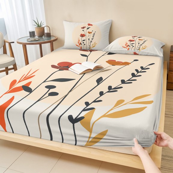 Cal.King Size Fitted Sheet Set - Spring Floral 3 Piece Bedding Sets 16" Deep Pocket Fitted Sheet with 2 Pillowcases, Middle Century Summer Botanical Boho Brushed Microfiber Hotel Luxury Bed Sheets