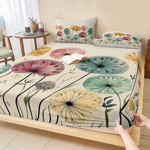 Cal.King Size Fitted Sheet Set - Spring Floral 3 Piece Bedding Sets 16" Deep Pocket Fitted Sheet with 2 Pillowcases, Modern Abstract Art Spring Floral Rustic Brushed Microfiber Hotel Bed Sheets