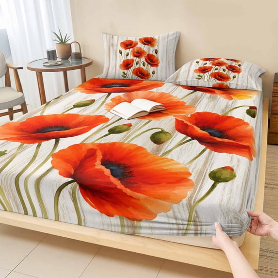 Cal.King Size Fitted Sheet Set - Spring Floral 3 Piece Bedding Sets 16" Deep Pocket Fitted Sheet with 2 Pillowcases, Red Poppy Flower Plants Wood Grain Beige Brushed Microfiber Hotel Bed Sheets
