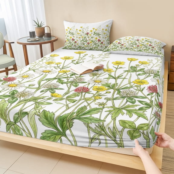 Cal.King Size Fitted Sheet Set - Spring Floral 3 Piece Bedding Sets 16" Deep Pocket Fitted Sheet with 2 Pillowcases, Vintage Country Flowers Botanical Watercolor Brushed Microfiber Hotel Bed Sheets