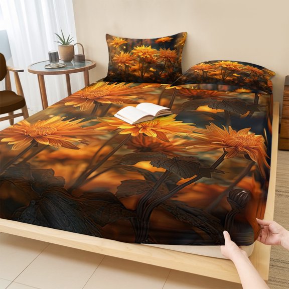 Cal.King Size Fitted Sheet Set - Spring Floral 3 Piece Bedding Sets 16" Deep Pocket Fitted Sheet with 2 Pillowcases, Yellow Flowers Summer Botanical Brushed Microfiber Hotel Luxury Bed Sheets