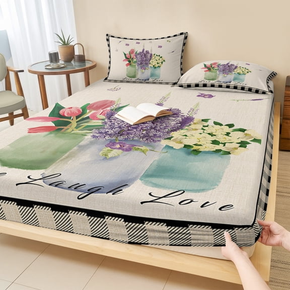 Cal.King Size Fitted Sheet Set - Spring Floral Tulip 3 Piece Bedding Sets 16" Deep Pocket Fitted Sheet with 2 Pillowcases, Black Check Buffalo Brushed Microfiber Hotel Luxury Bed Sheets