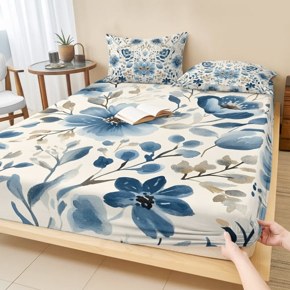 Cal.King Size Fitted Sheet Set - Spring Flower 3 Piece Bedding Sets 16" Deep Pocket Fitted Sheet with 2 Pillowcases, Blue Watercolor Plant Plant Leaf Branch Brushed Microfiber Hotel Luxury Bed Sheets