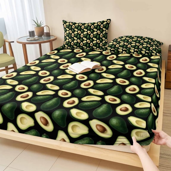 Cal.King Size Fitted Sheet Set - Summer Avocado 3 Piece Bedding Sets 16" Deep Pocket Fitted Sheet with 2 Pillowcases, Red Green Fruits Tropical Brushed Microfiber Hotel Luxury Bed Sheets