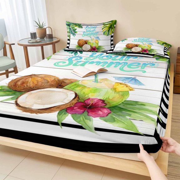 Cal.King Size Fitted Sheet Set - Summer Coconuts 3 Piece Bedding Sets 16" Deep Pocket Fitted Sheet with 2 Pillowcases, Beach Fruit Palm Tree Wooden Striped Brushed Microfiber Hotel Luxury Bed Sheets