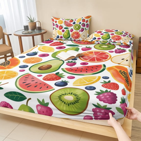 Cal.King Size Fitted Sheet Set - Summer Fruits 3 Piece Bedding Sets 16" Deep Pocket Fitted Sheet with 2 Pillowcases, Tropical Fruity Watermelon Kiwi Exotic Brushed Microfiber Hotel Luxury Bed Sheets