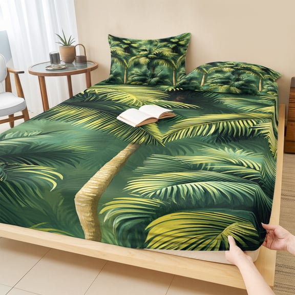 Cal.King Size Fitted Sheet Set - Summer Palm Tree 3 Piece Bedding Sets 16" Deep Pocket Fitted Sheet with 2 Pillowcases, Nature Green Tropical Plant Leaves Brushed Microfiber Hotel Luxury Bed Sheets